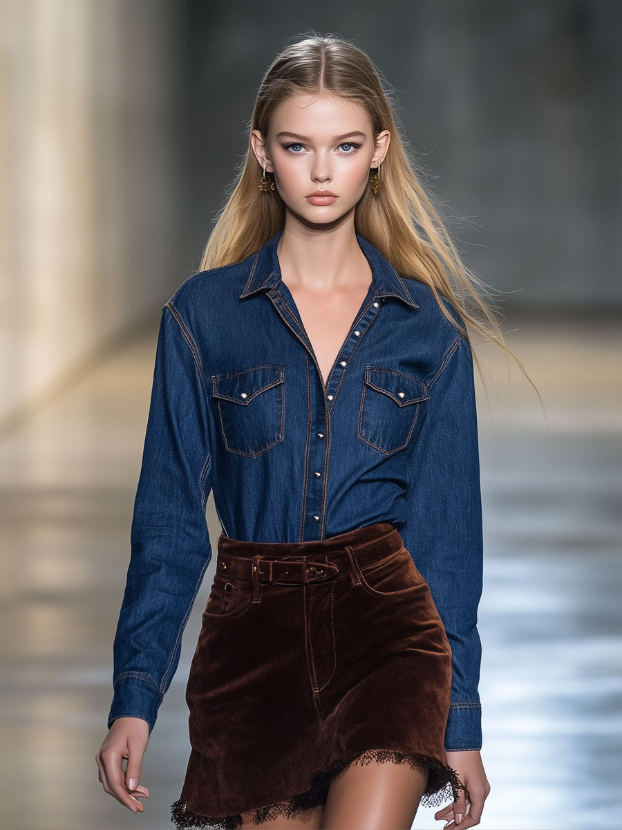 Casual Retro Dark Blue Denim Long-Sleeved Shirt