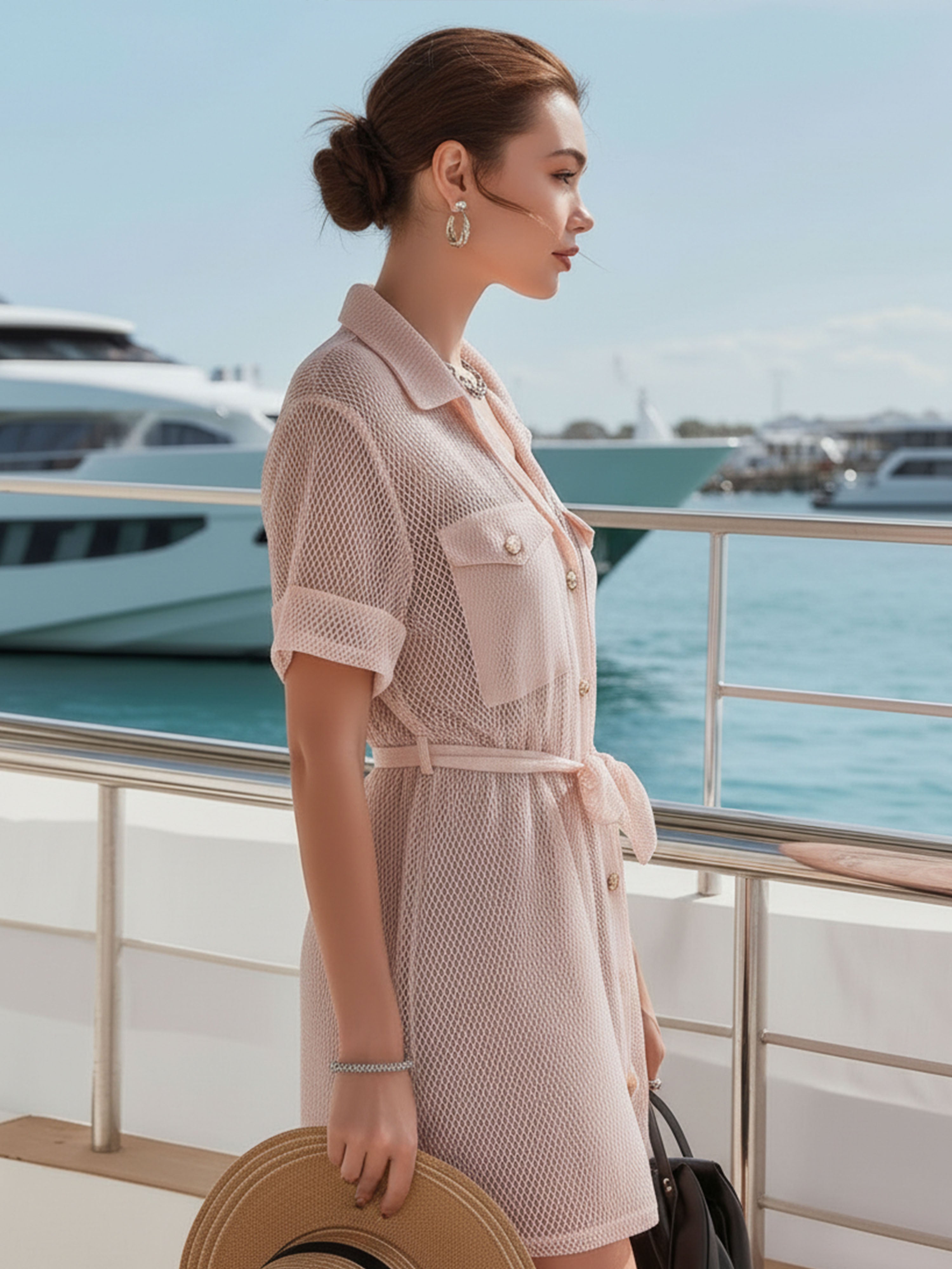 Light Pink Mesh Polo Collar Tie-Front Perfect For Vacation Mini Dress