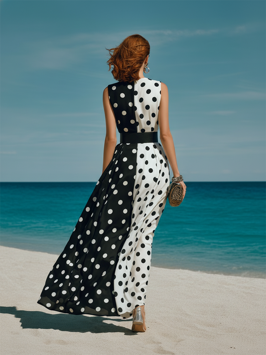 Round-neck Sleeveless Polka-dot Maxi Dress