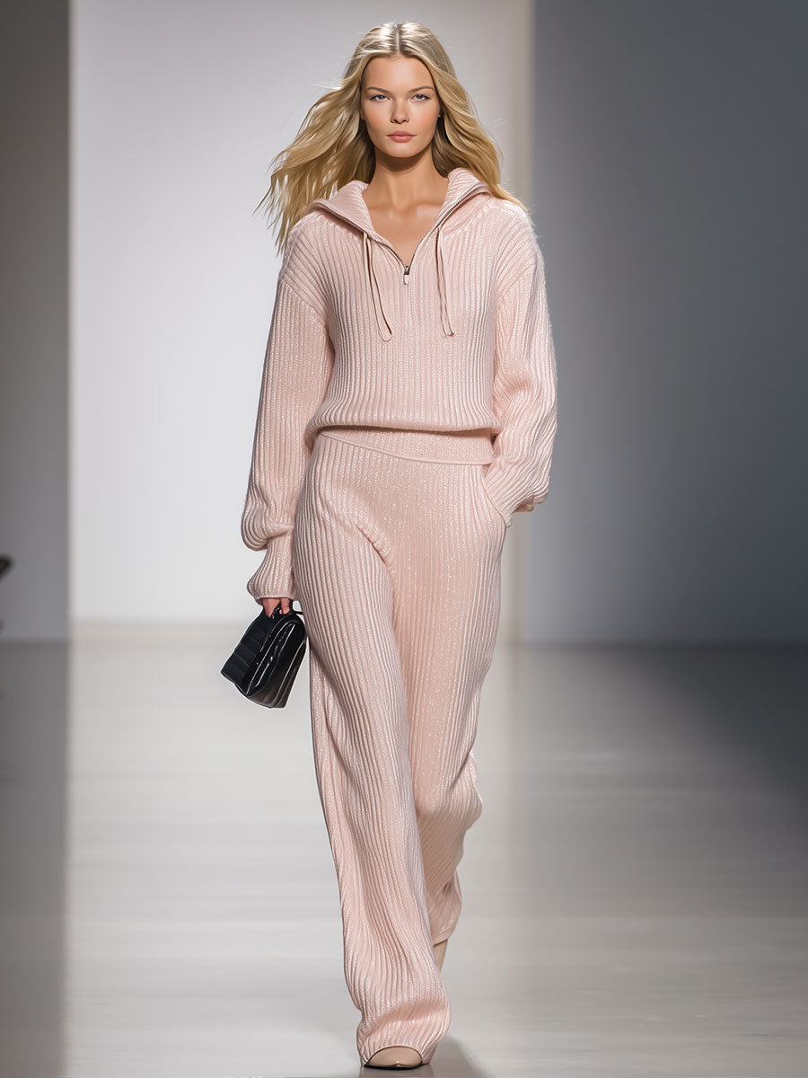 Fashionable Classic Pink Hooded Knitted Suit