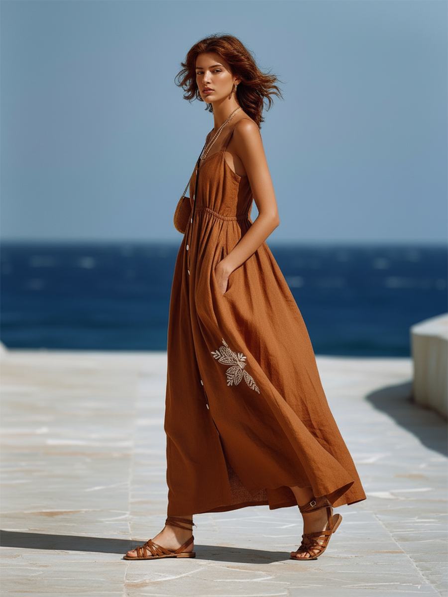 Bohemian Style Brown Strappy Embroidered Maxi Dress