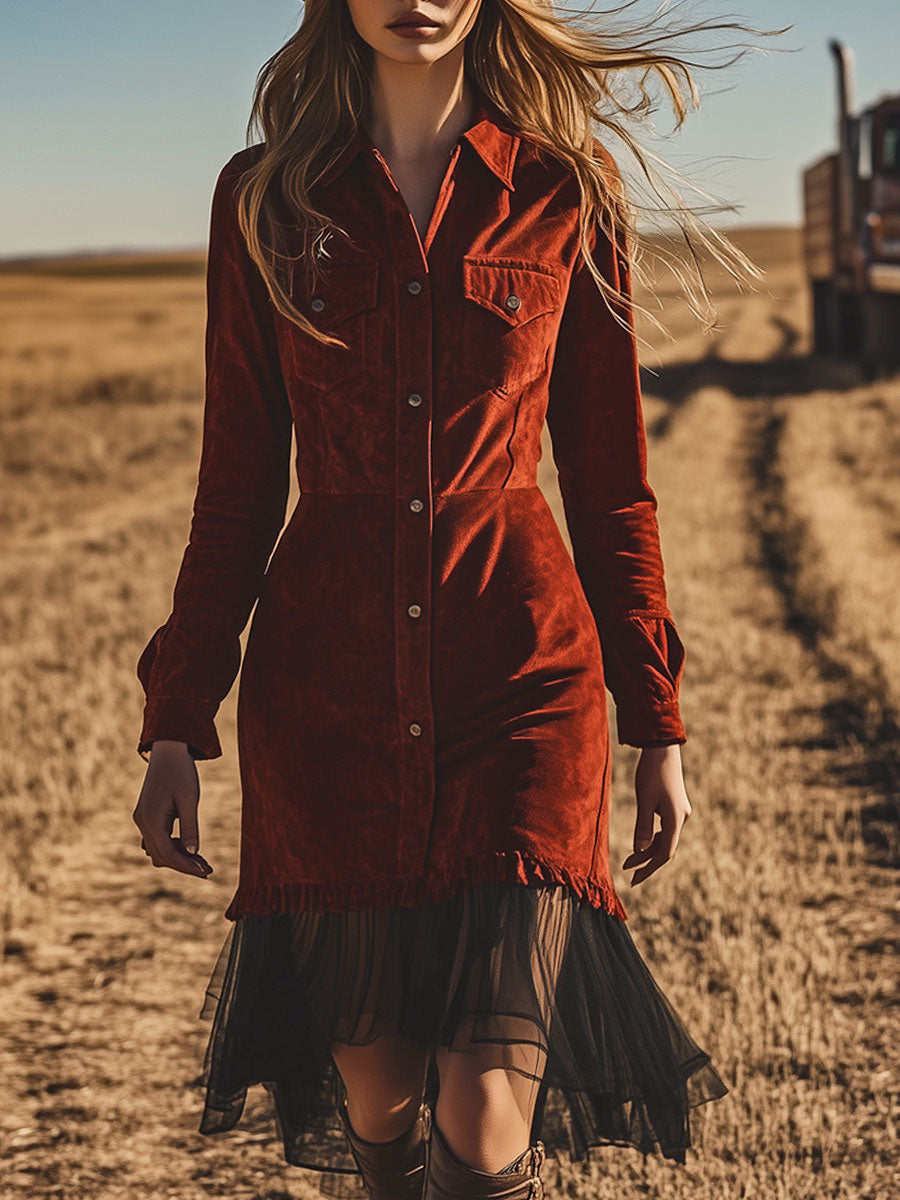 Western Vintage Long Sleeve Red Suede Ruffled Mesh Mini Dress