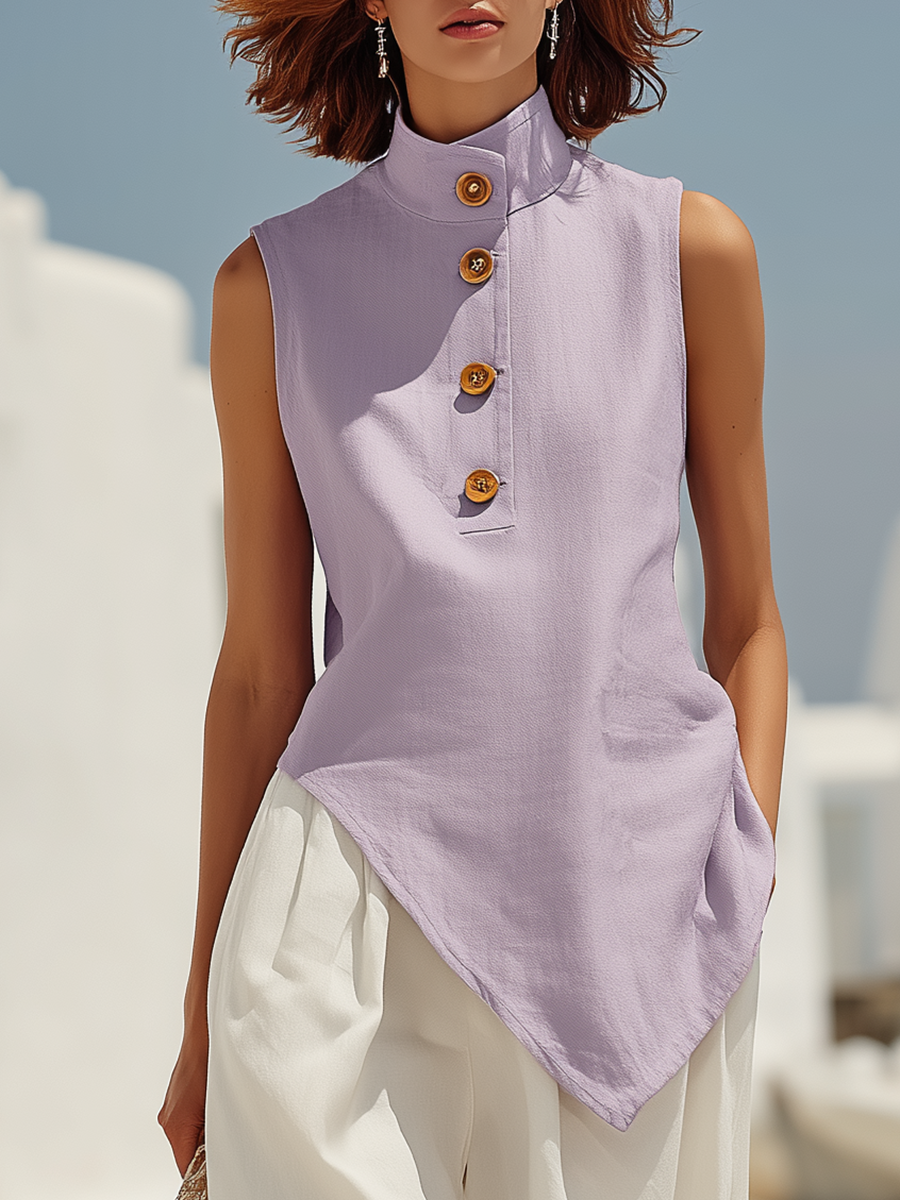 Resort-style Purple Stand-up Collar Top And White Pants Set