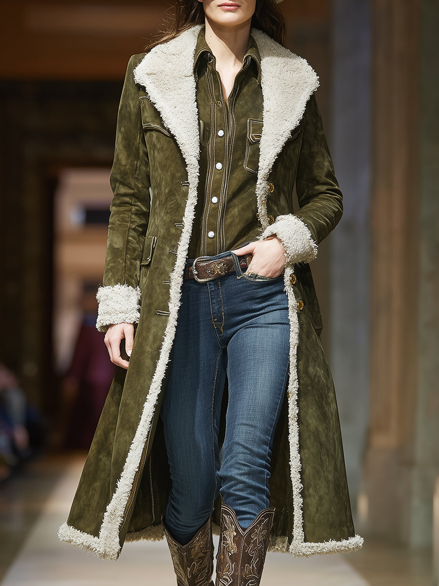 Western Retro Plush Edge Army Green Coat