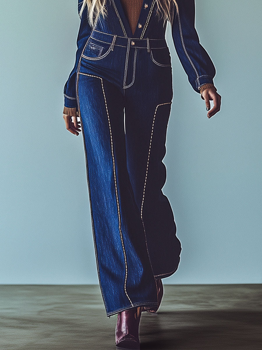 Retro Casual Dark Blue Denim Long-Sleeved Wide-Leg Jumpsuit