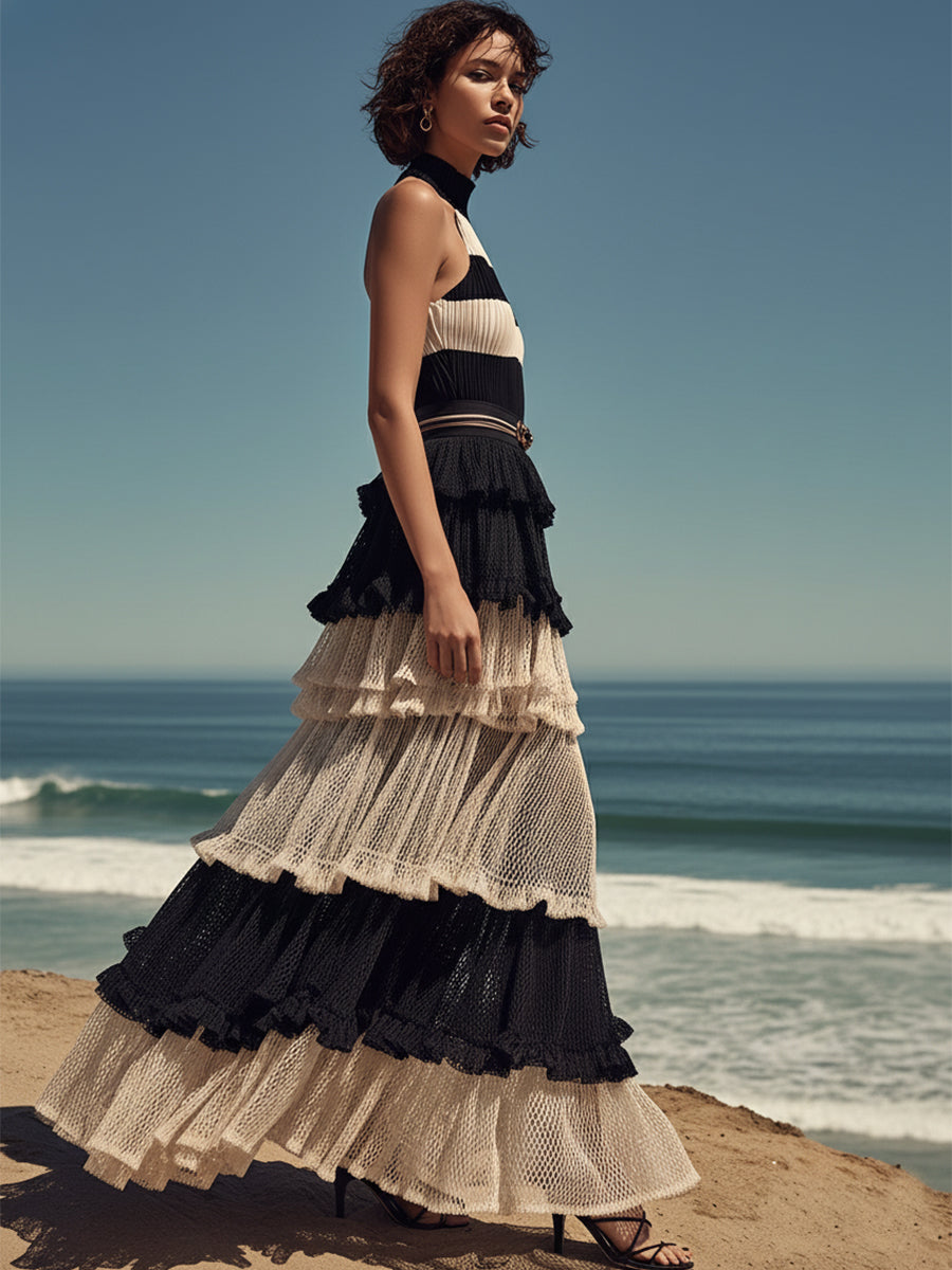 Gorgeous Vacation-style Black And Beige Color-block Halter Neck Ruffled Knit Mesh Maxi Dress