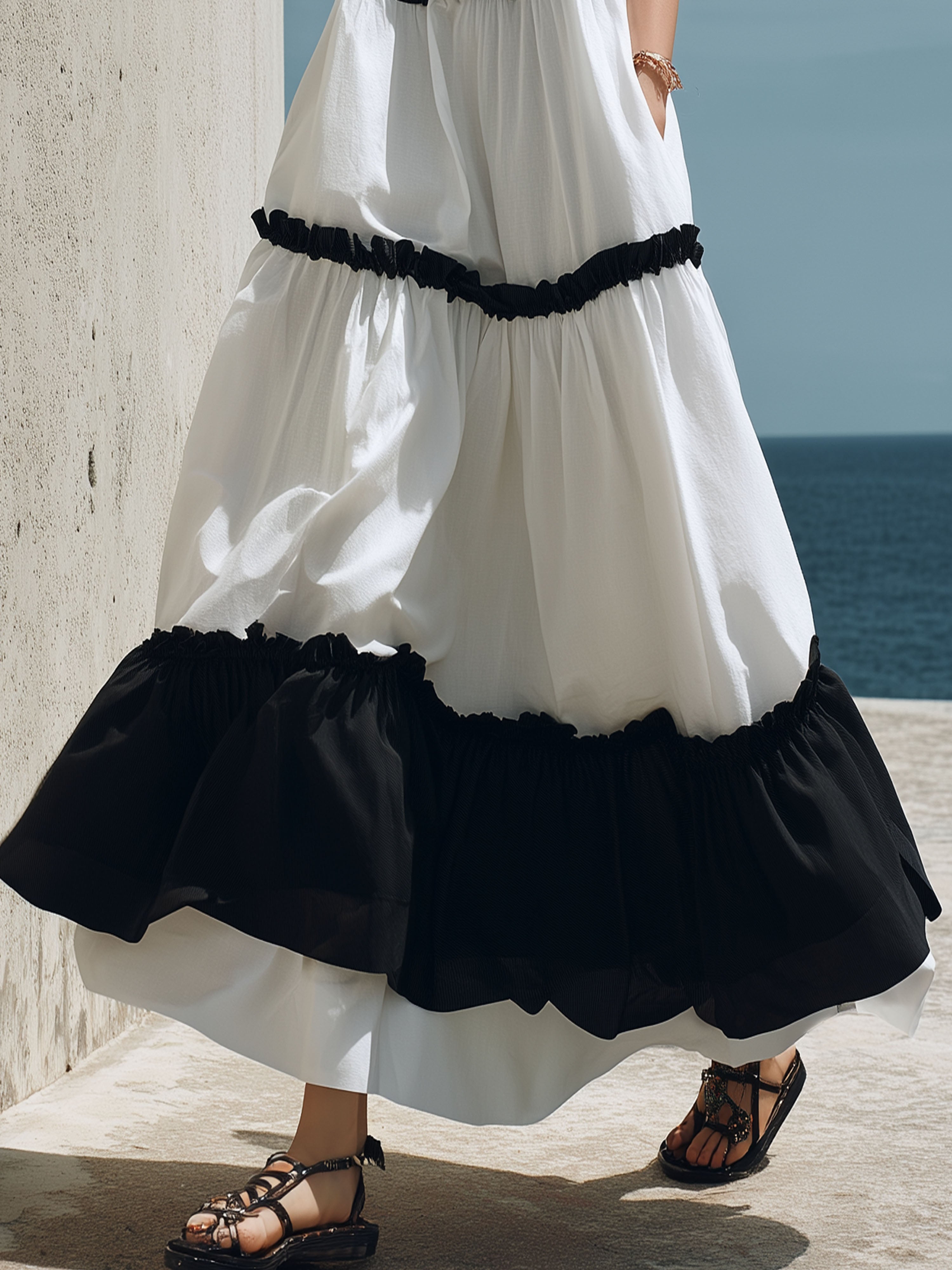 Elegant White Cotton-Linen Patchwork With Black Lace Trim Maxi Dress
