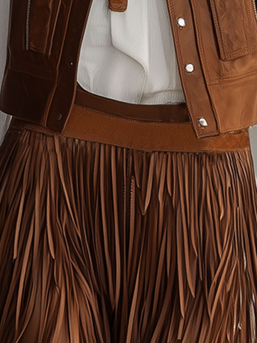 Retro Casual Brown Eco-Friendly Faux Leather Tassel Shorts