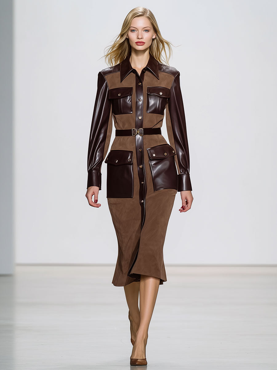 Vintage Fashion Faux Suede And Faux Leather Brown Midi Dress