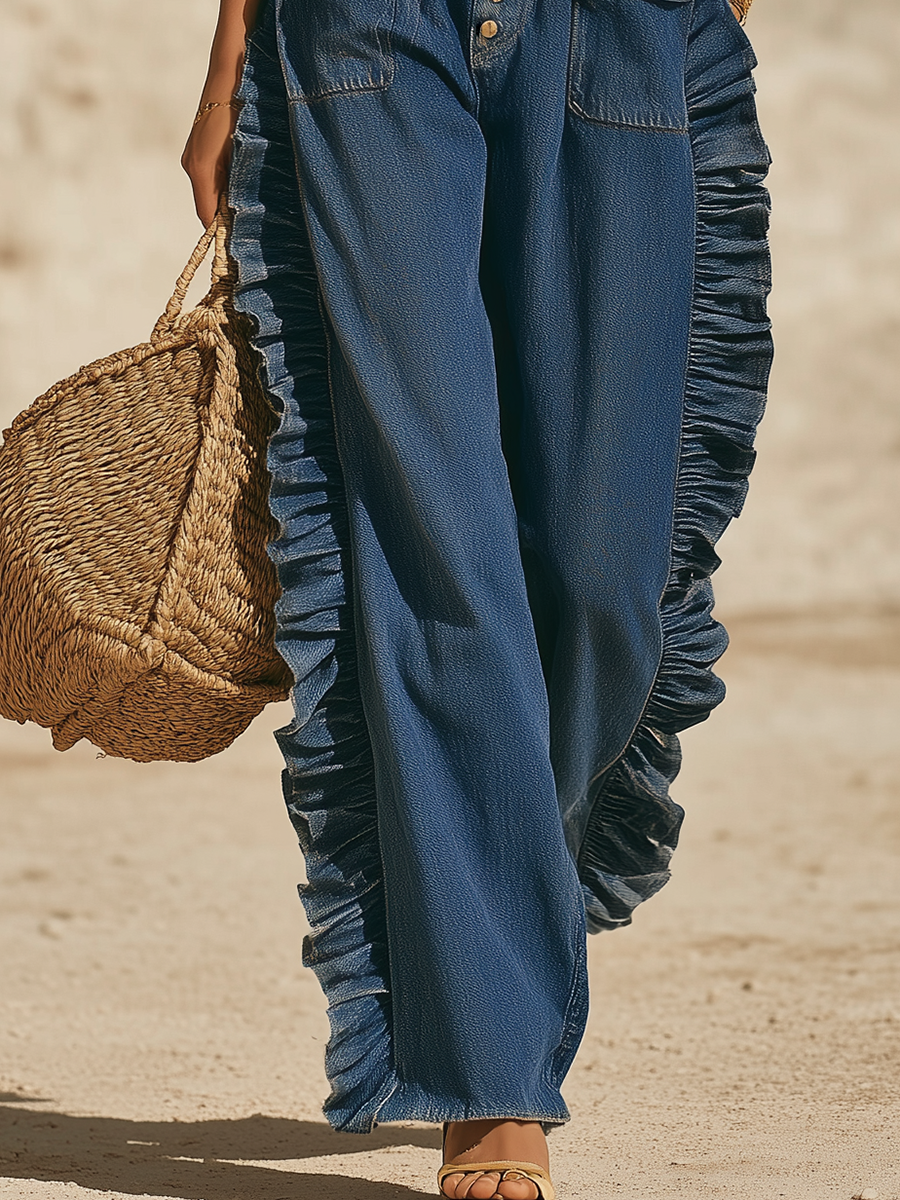 Romantic Bohemian Style Ruffled High-waisted Blue Jeans