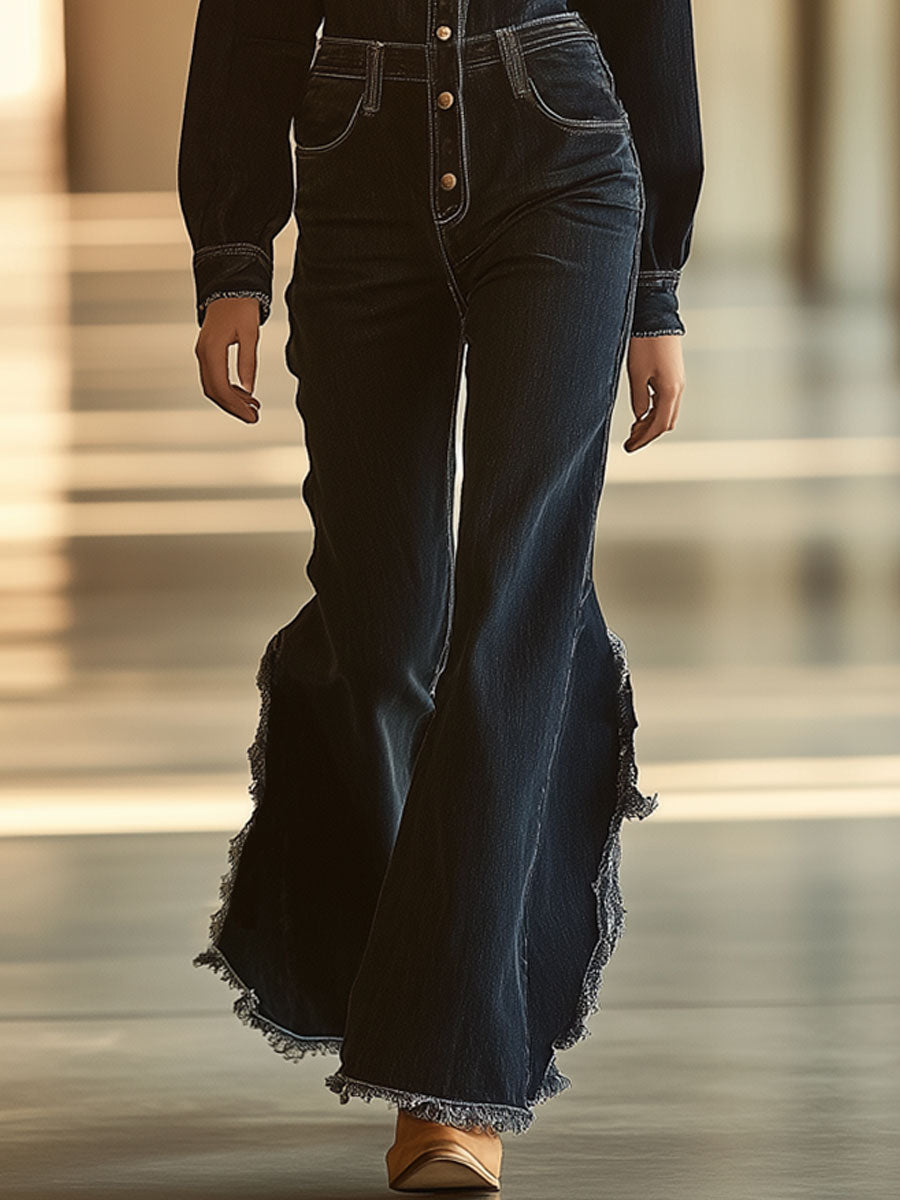 Casual Loose Retro Black Denim Long Sleeve Flared Raw Edge Jumpsuit