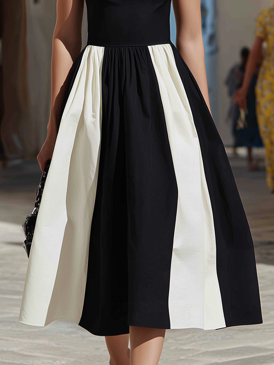 Vacation-style Cotton And Linen Color-block Off-the-shoulder Midi Dress