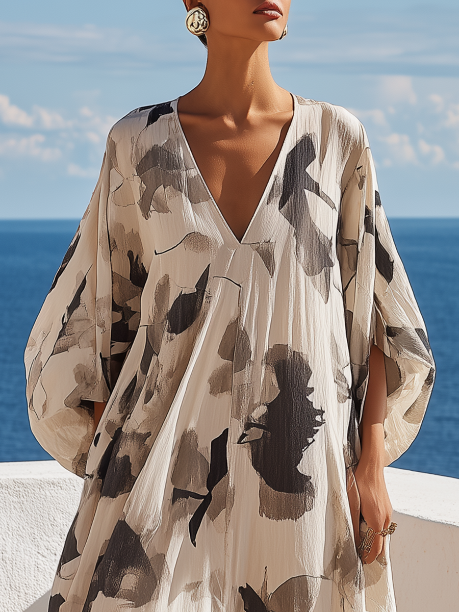 Loose Vacation Black Printed Maxi Dress