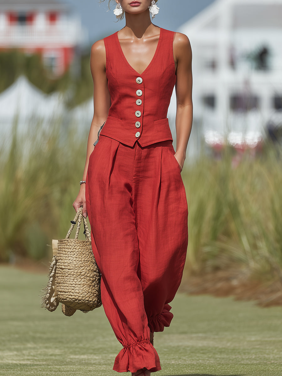 Fashionable Vacation Style Red Cotton Linen White Button Vest Ruffled Lantern Pants Set