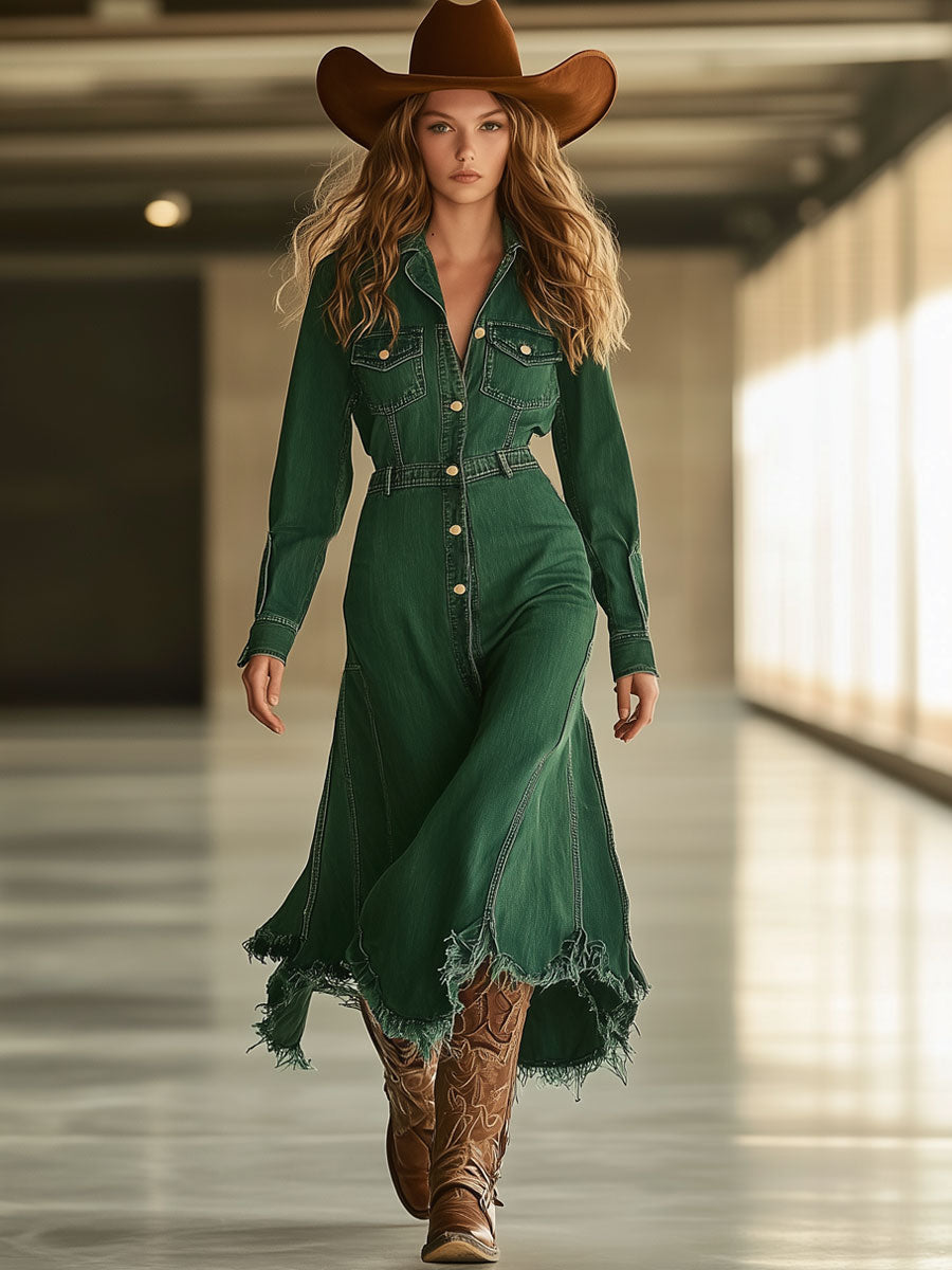 Vintage Green Denim Long Sleeve Elastic Waist A-Line Raw Edge Midi Dress