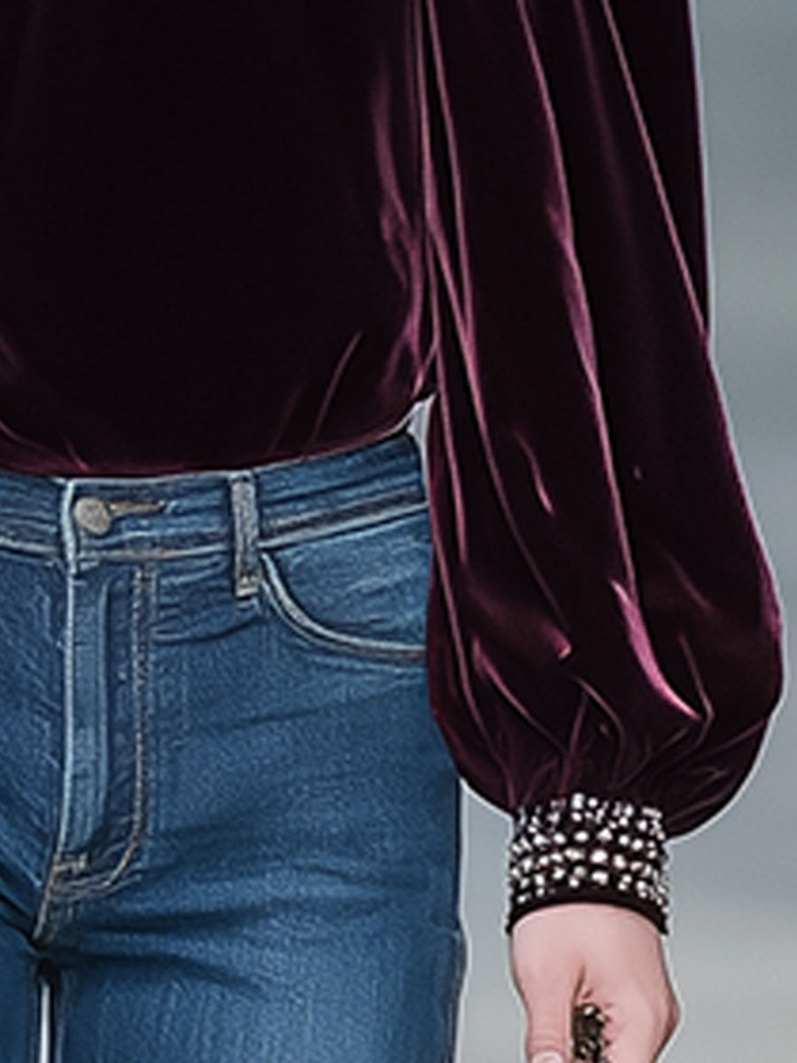 Casual Loose Retro Wine Red Velvet Long-Sleeved Shirt