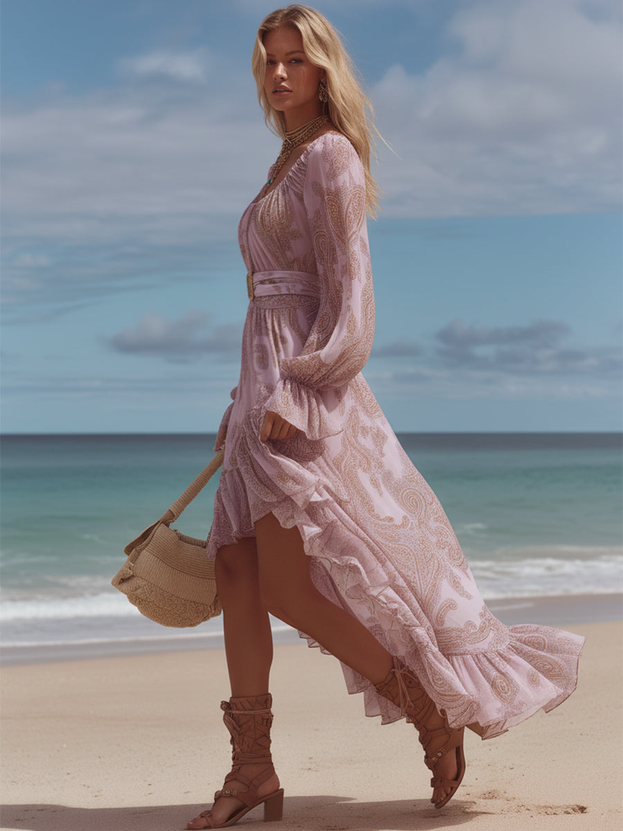 Bohemian Resort Style Light Pink Chiffon Floral Print Irregular Hem Maxi Dress