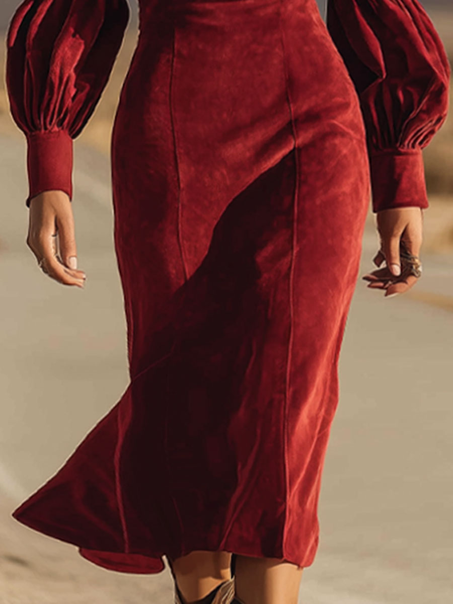 Western Retro Red Suede V-Neck Tassel Lantern Sleeve Midi Dress