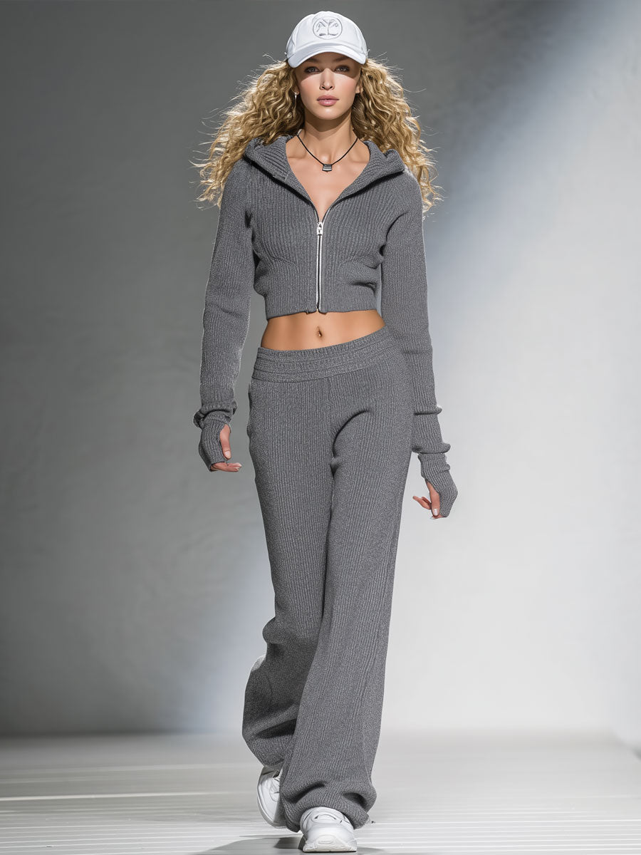 Fashionable Casual Sports Gray Pit Stripe Knitted Hooded Long-Sleeved Suit