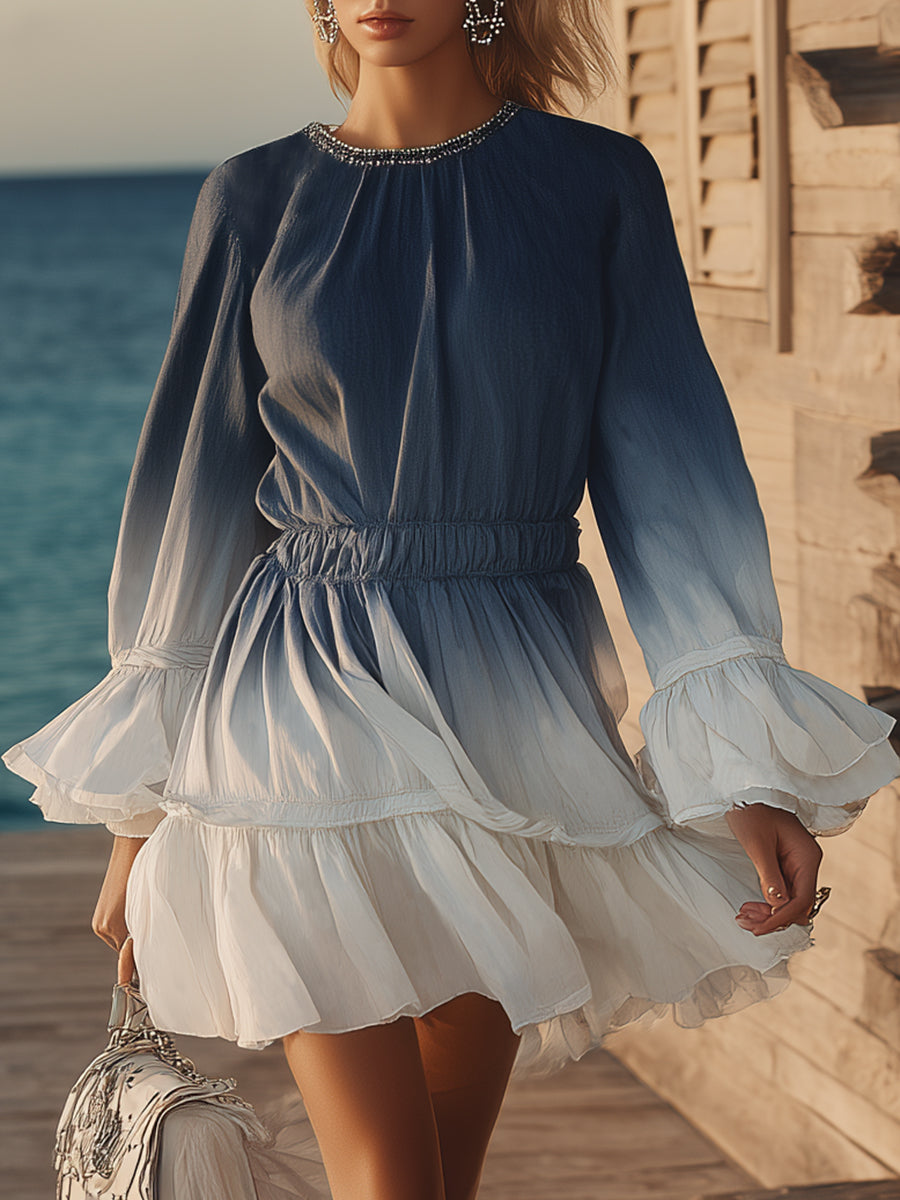Fashionable Vacation Gradient Blue Chiffon Ruffled Long-sleeved Mini Dress