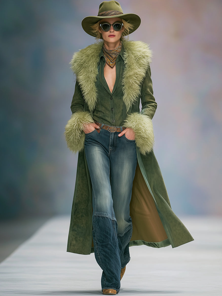 Fashion Vintage Faux Fur Trim Green Faux Suede Coat