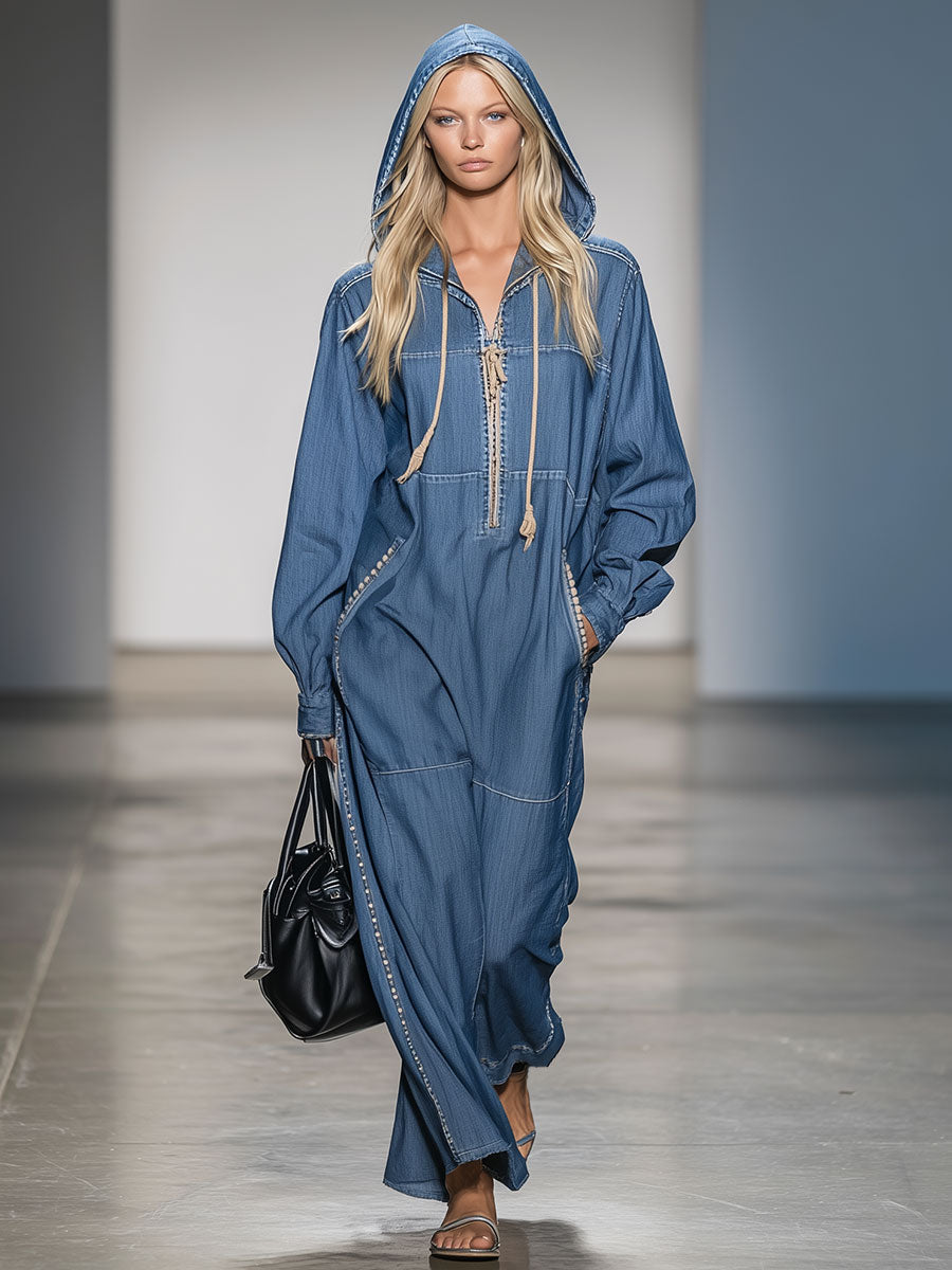 Vintage Blue Denim Long Sleeve Hooded Zipper Maxi Dress