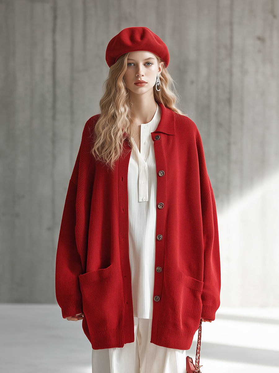 Simple And Fashionable Lapel Red Knitted Cardigan