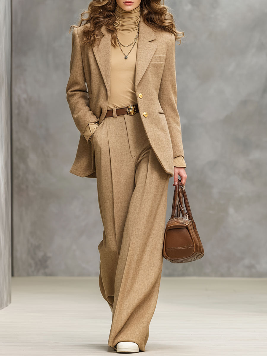 Loose Lapel Single-breasted Blazer And Trousers Woolen Set