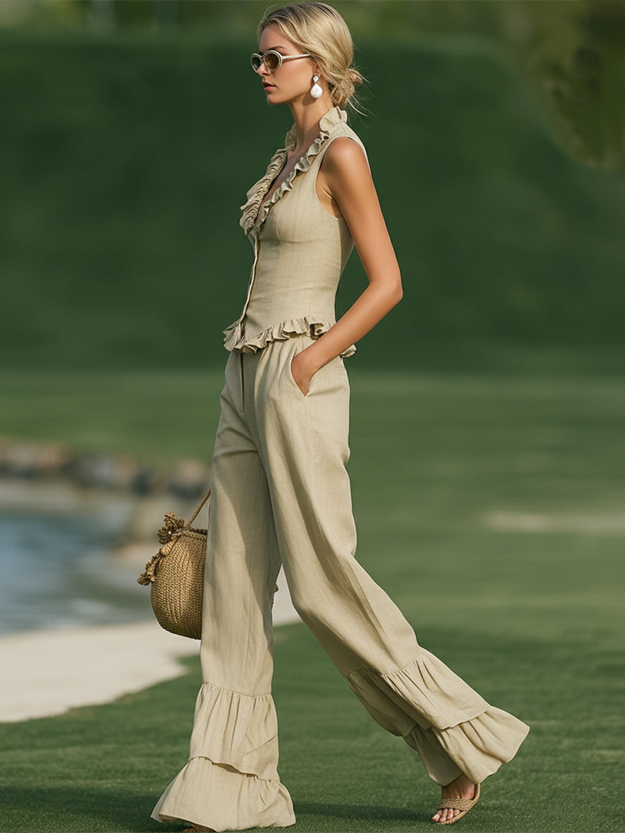 French-style Resort-style Beige Cotton-linen Single-breasted Vest And Ruffles Wide-leg Trousers Set