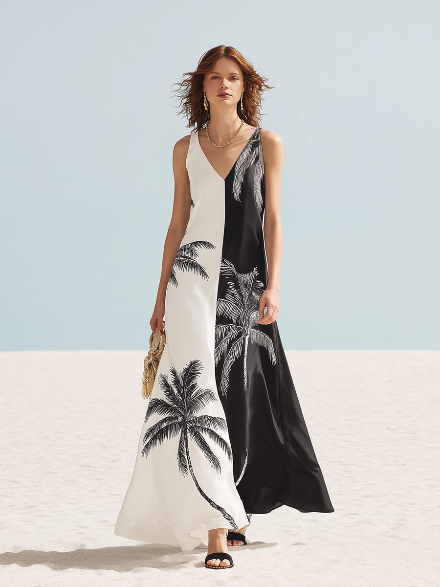 Palm Tree Print Resort-style Satin Maxi Dress
