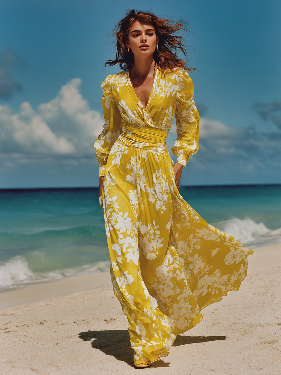 V-neck Long-sleeved Satin Printed Maxi Dress