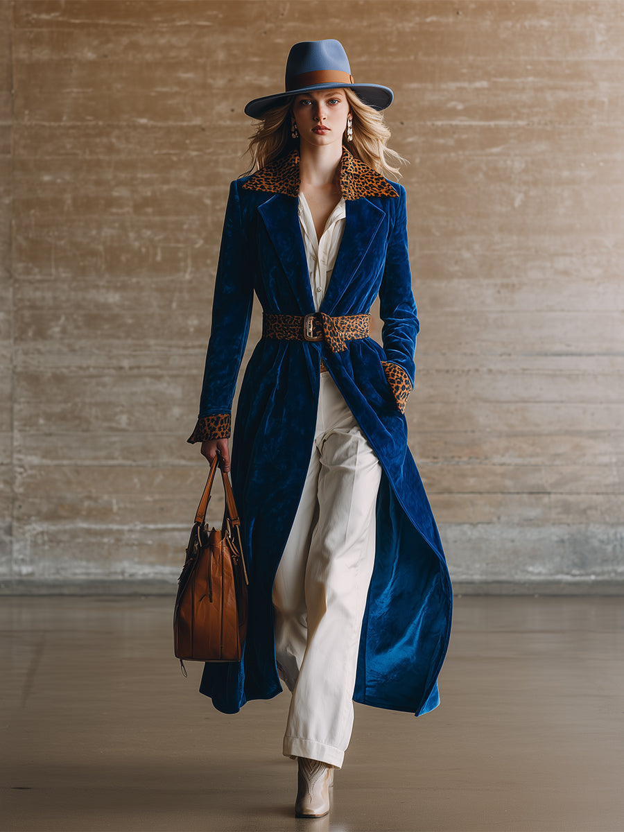 Elegant Vintage Leopard Trim Blue Velvet Lapel Coat