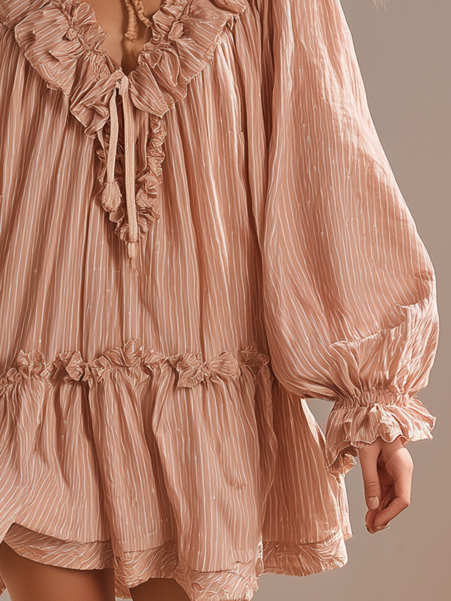 Romantic Bohemian Light Pink Striped Ruffled V-neck Loose Mini Dress