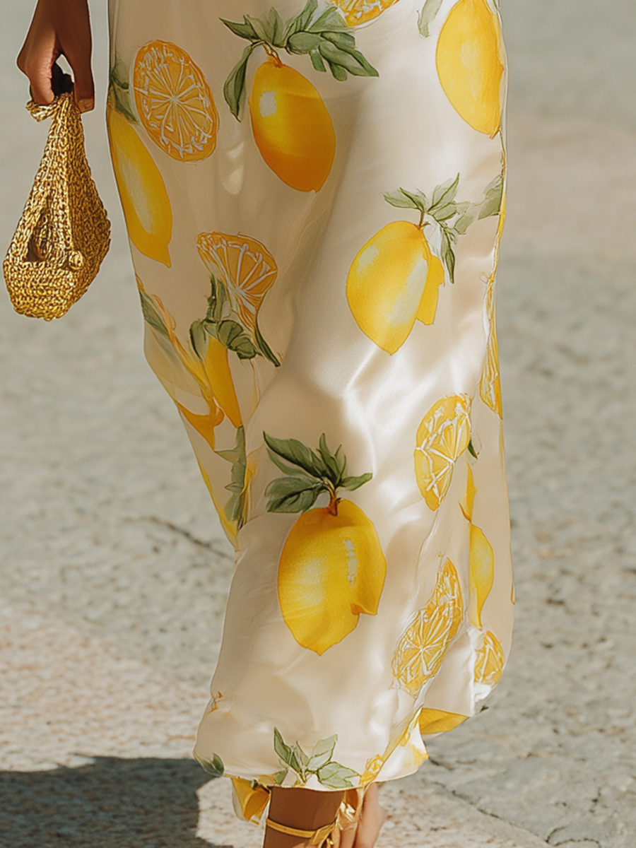 Vacation-style Strappy Printed Satin Maxi Dress