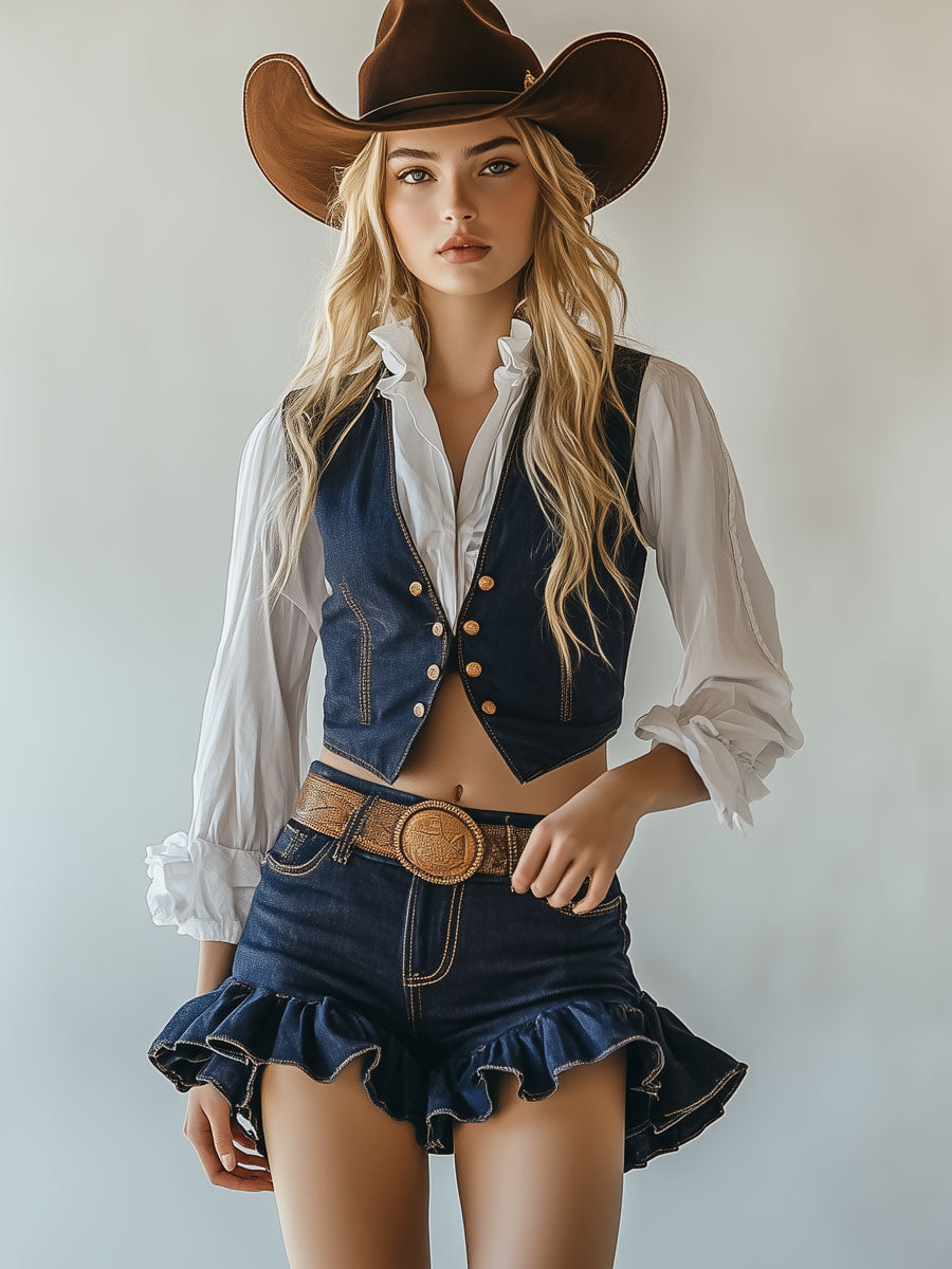 Casual Retro Dark Blue Denim Vest Ruffled Shorts Set