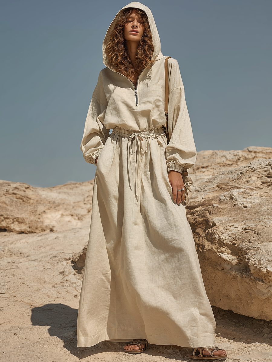 Vacation-style Cotton And Linen Hooded Long-sleeved Maxi Dress