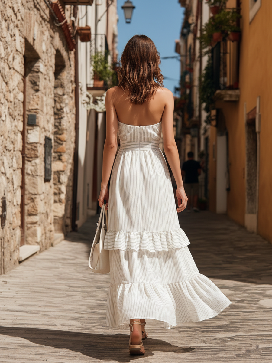 Vacation-style Striped Backless Sleeveless Maxi Dress
