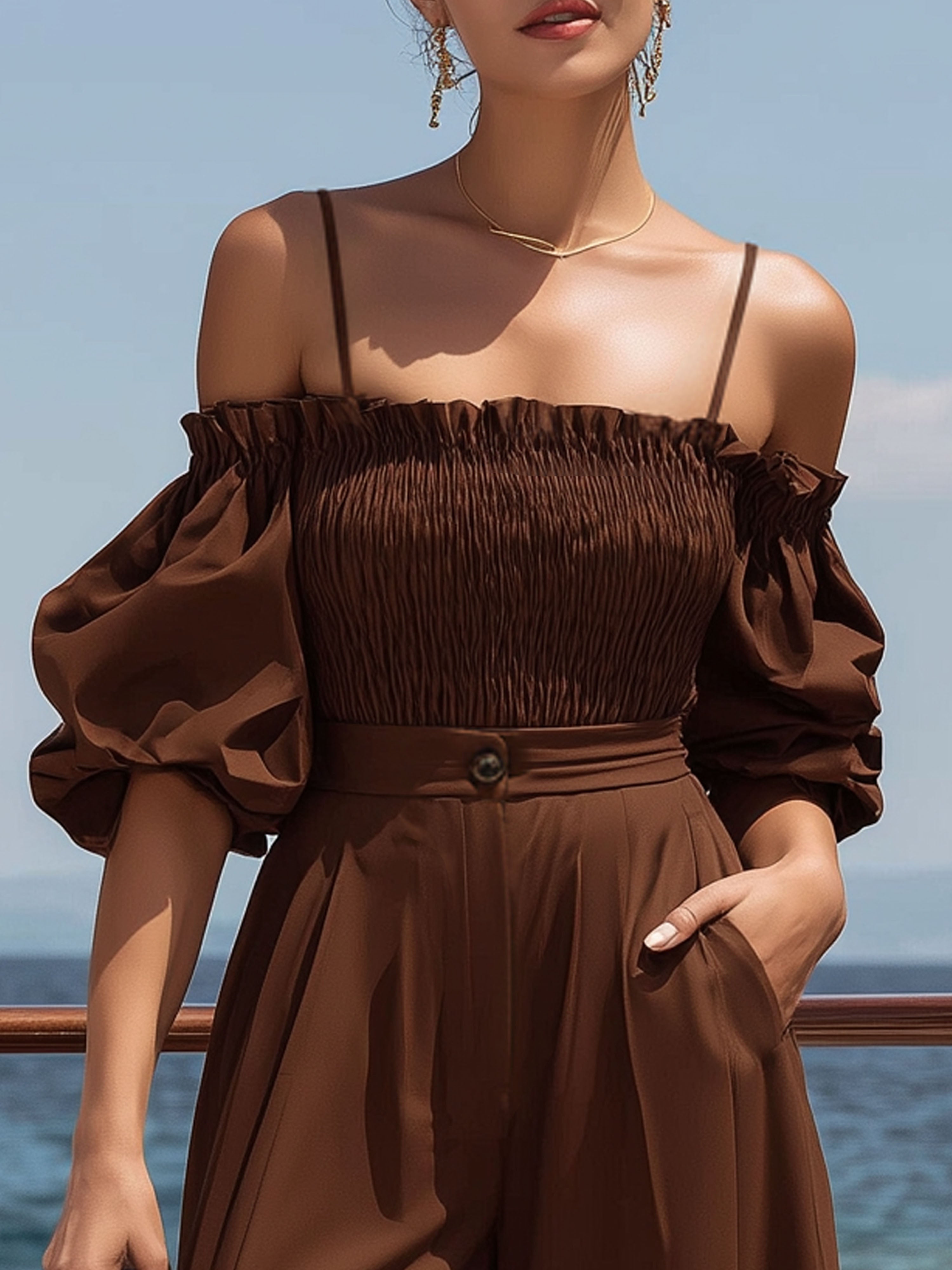 Resort Brown Chiffon Off-Shoulder Camisole And Wide-Leg Pants Set