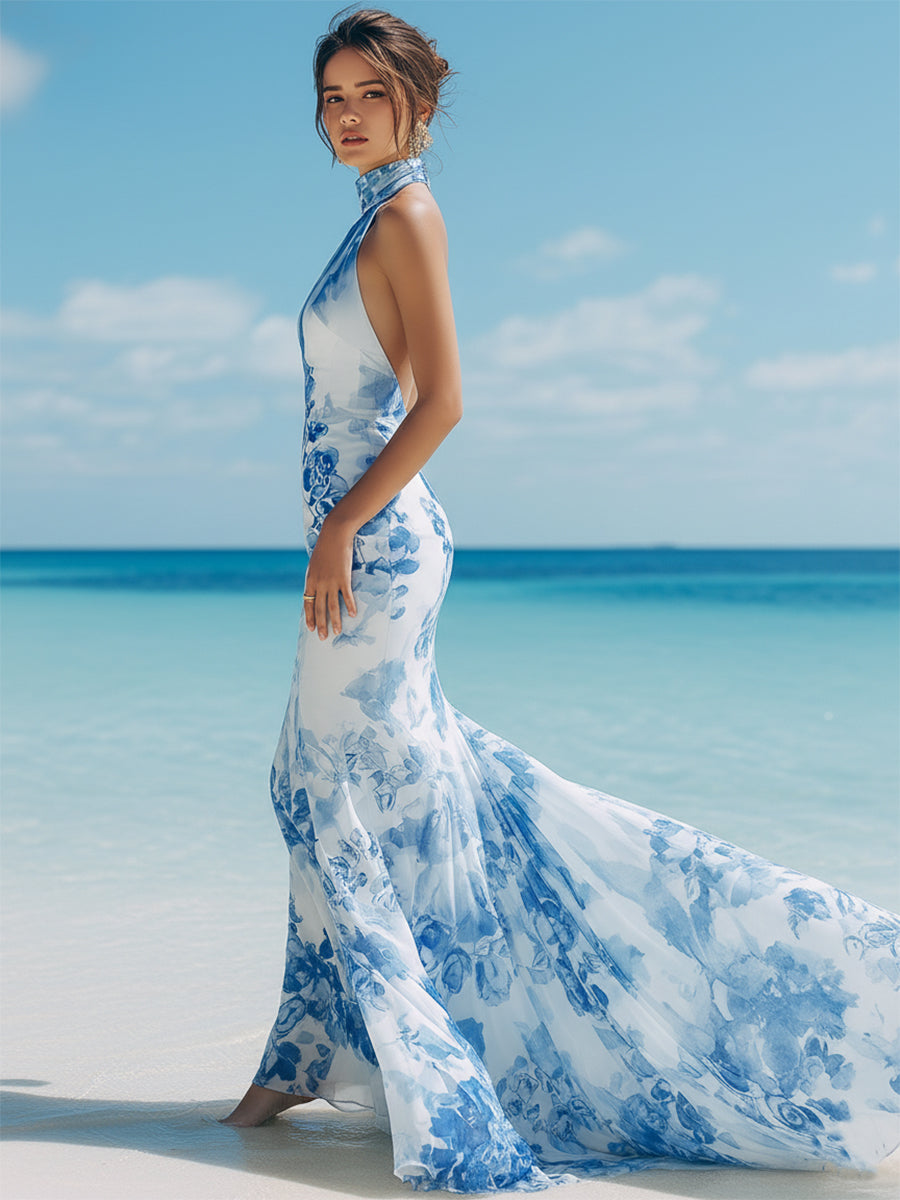 New Chinese Style Blue And White Satin Print Halter Neck Fishtail Maxi Dress