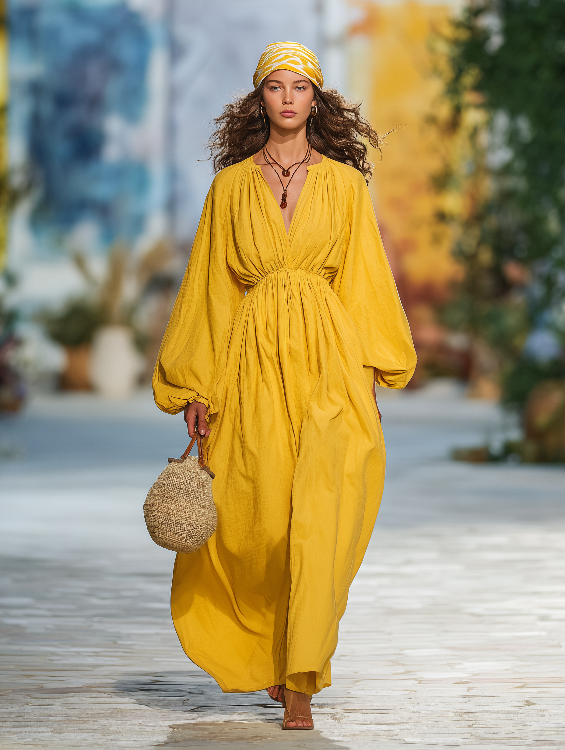 Simple Loose-fitting Bohemian Yellow Cotton Maxi Dress