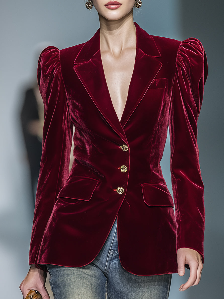 Red Velvet Leg Of Mutton Sleeve Button Blazer