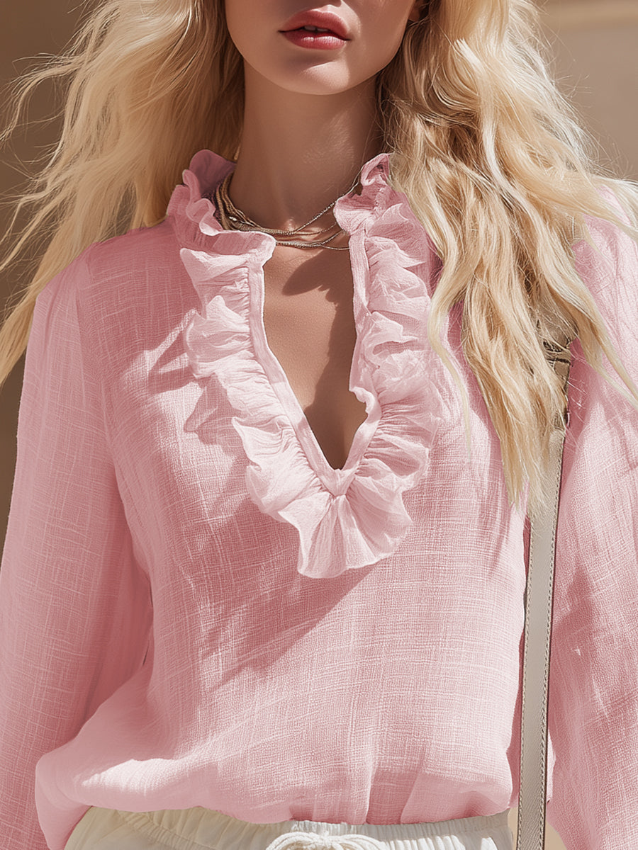 French Romantic Pink Linen Ruffled V-neck Shirt