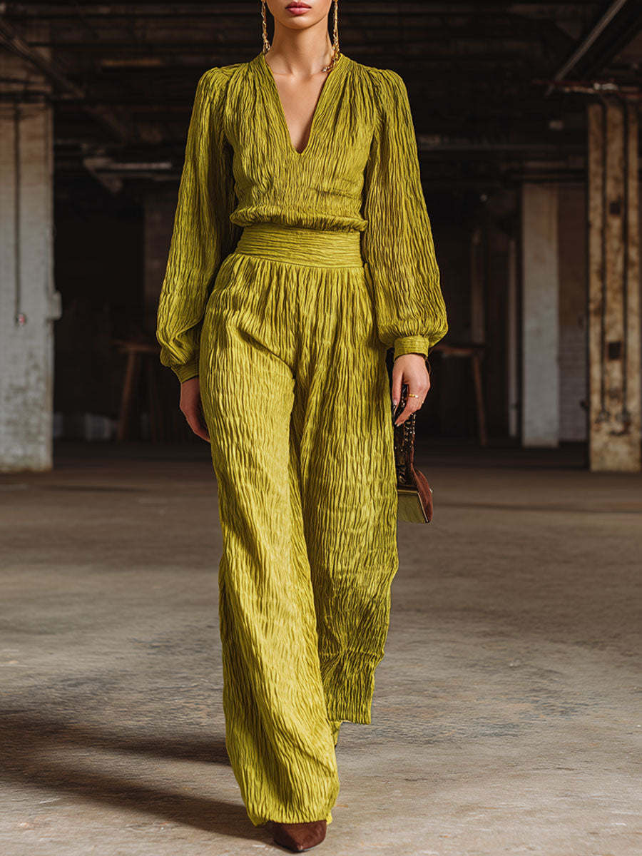 Retro Avocado Green Textured Wrinkled Long Sleeve Elastic Waist Wide Leg Jumpsuit