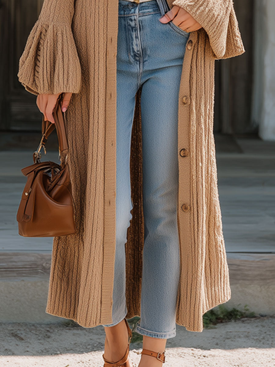 Western Retro Camel Knitted Bell Sleeve Cardigan