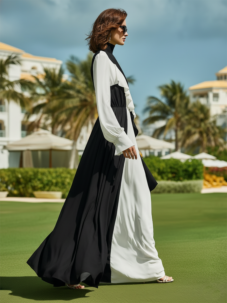Vacation-style Black And White Patchwork Long-sleeved Maxi Dress