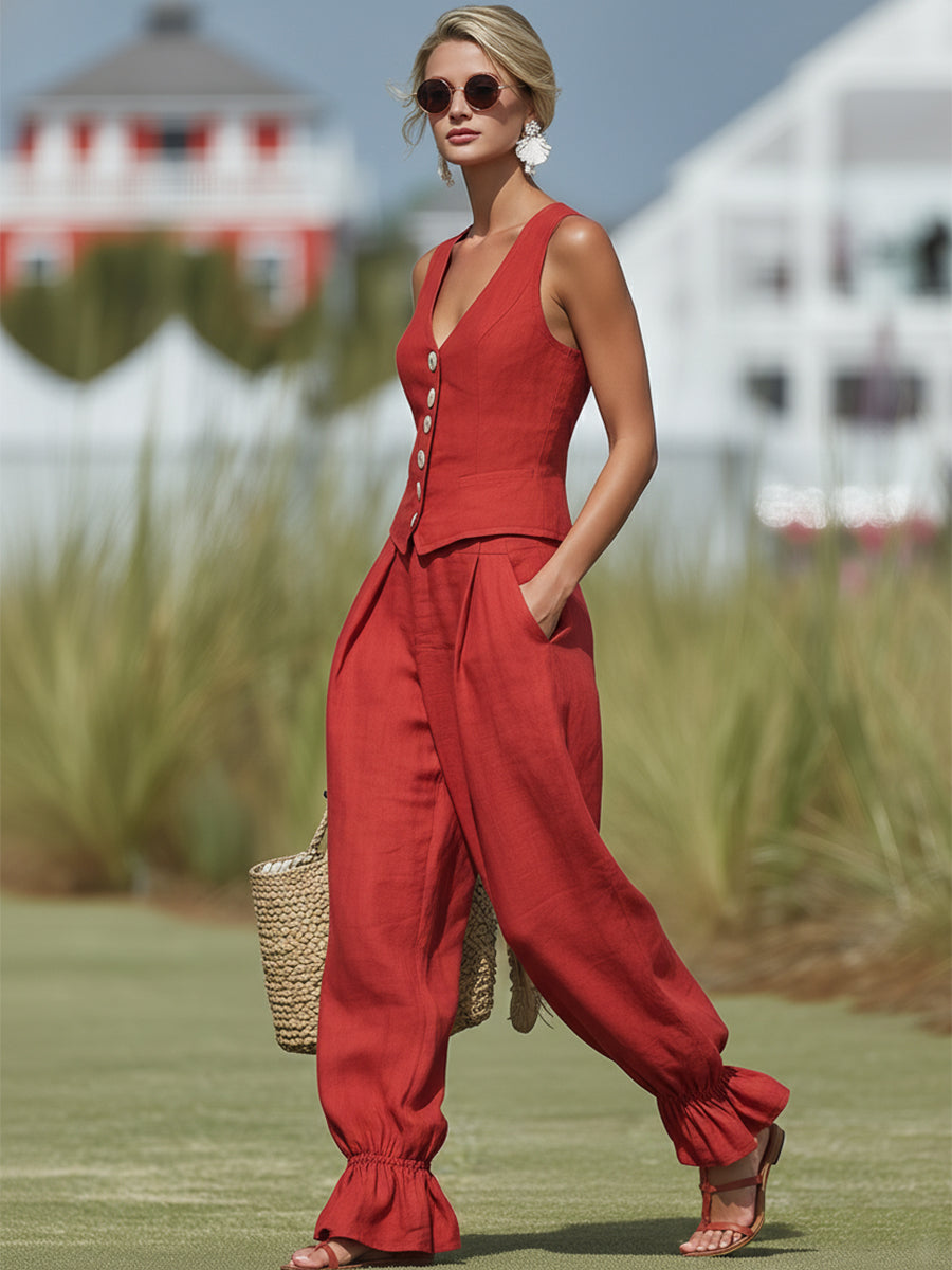 Fashionable Vacation Style Red Cotton Linen White Button Vest Ruffled Lantern Pants Set