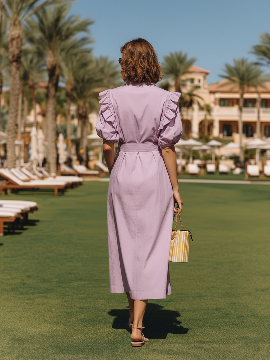 Purple Resort-style Cotton Shirt Collar Midi Dress
