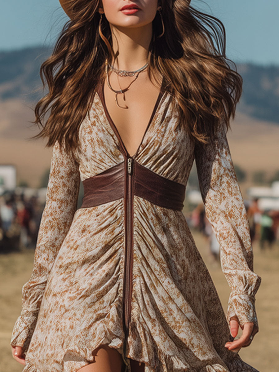 Vintage Bohemian Chiffon Print Zipper Faux Leather Panel Long Sleeve Midi Dress