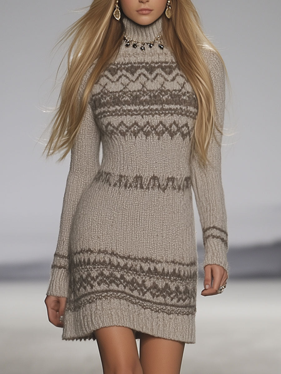 Retro Fashion Light Grey Fair Isle Pattern Turtleneck Ribbed Long Sleeve Mini Dress