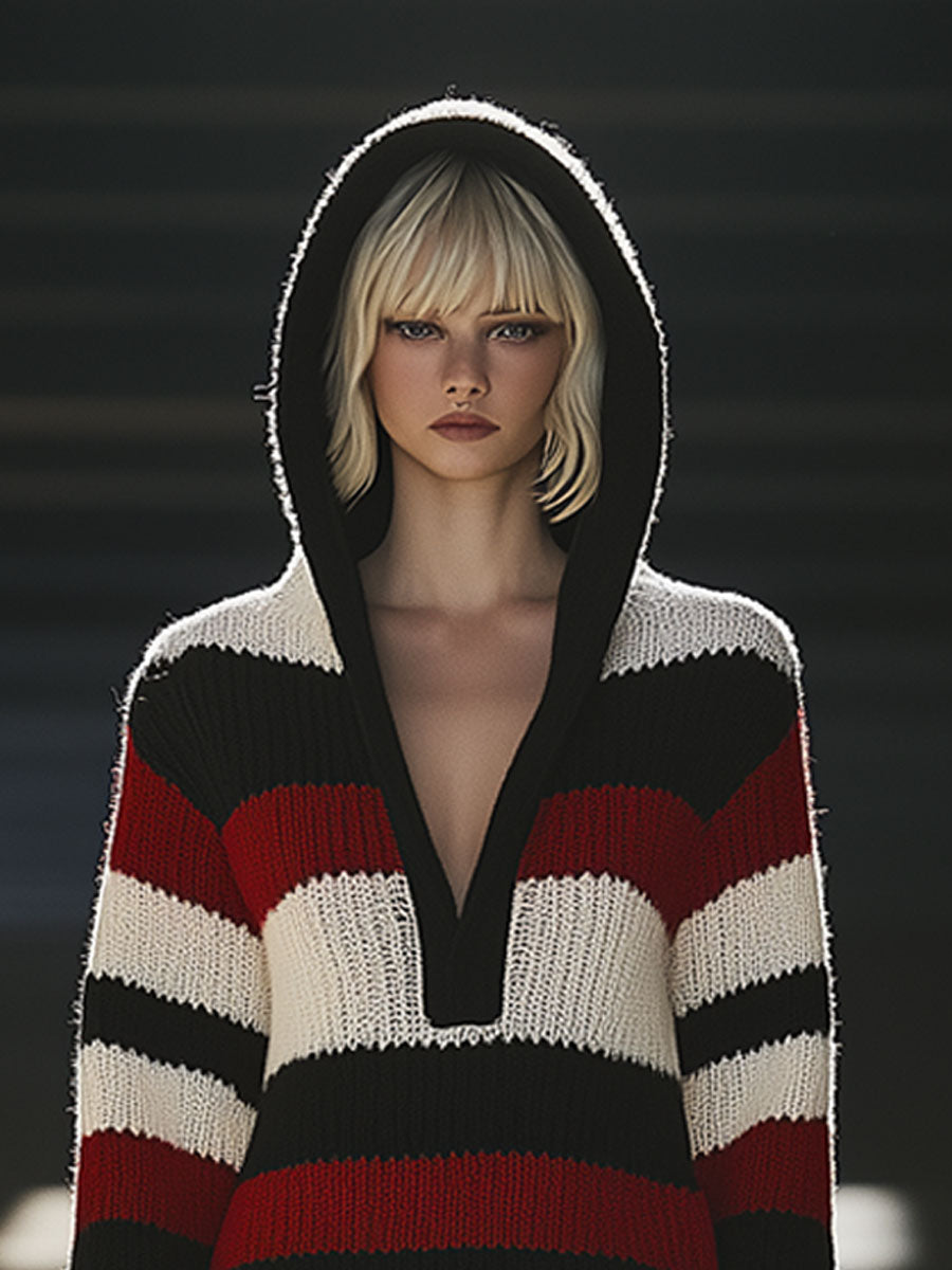 Retro Casual Loose Contrast Striped Knitted Hooded Mini Dress